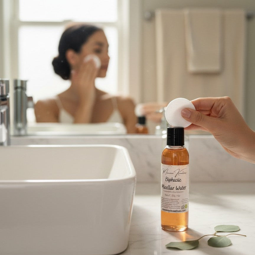 monimarkreations Biphasic Micellar Water for combination/oily/acne-prone skin, 4 oz bottle.