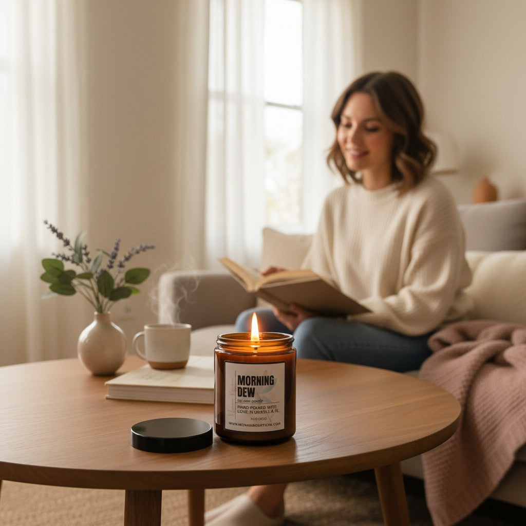 Monimar Kreations Morning Dew soy wax candle in amber jar with white label, 7 oz.