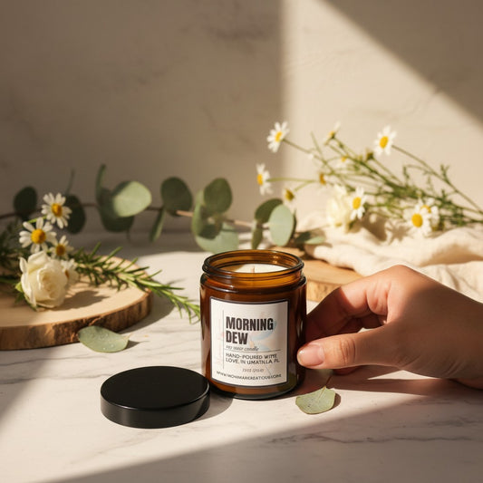 Monimar Kreations Morning Dew soy wax candle in amber jar with white wax and black lid. Fresh, clean scent.