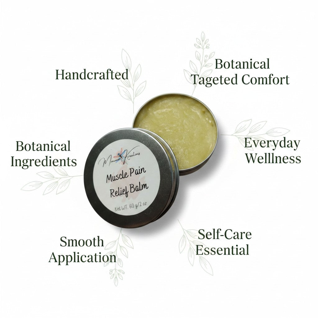 Monimar Kreations Muscle Pain Relief Balm in a tin, a yellow balm with menthol and camphor for cooling comfort.