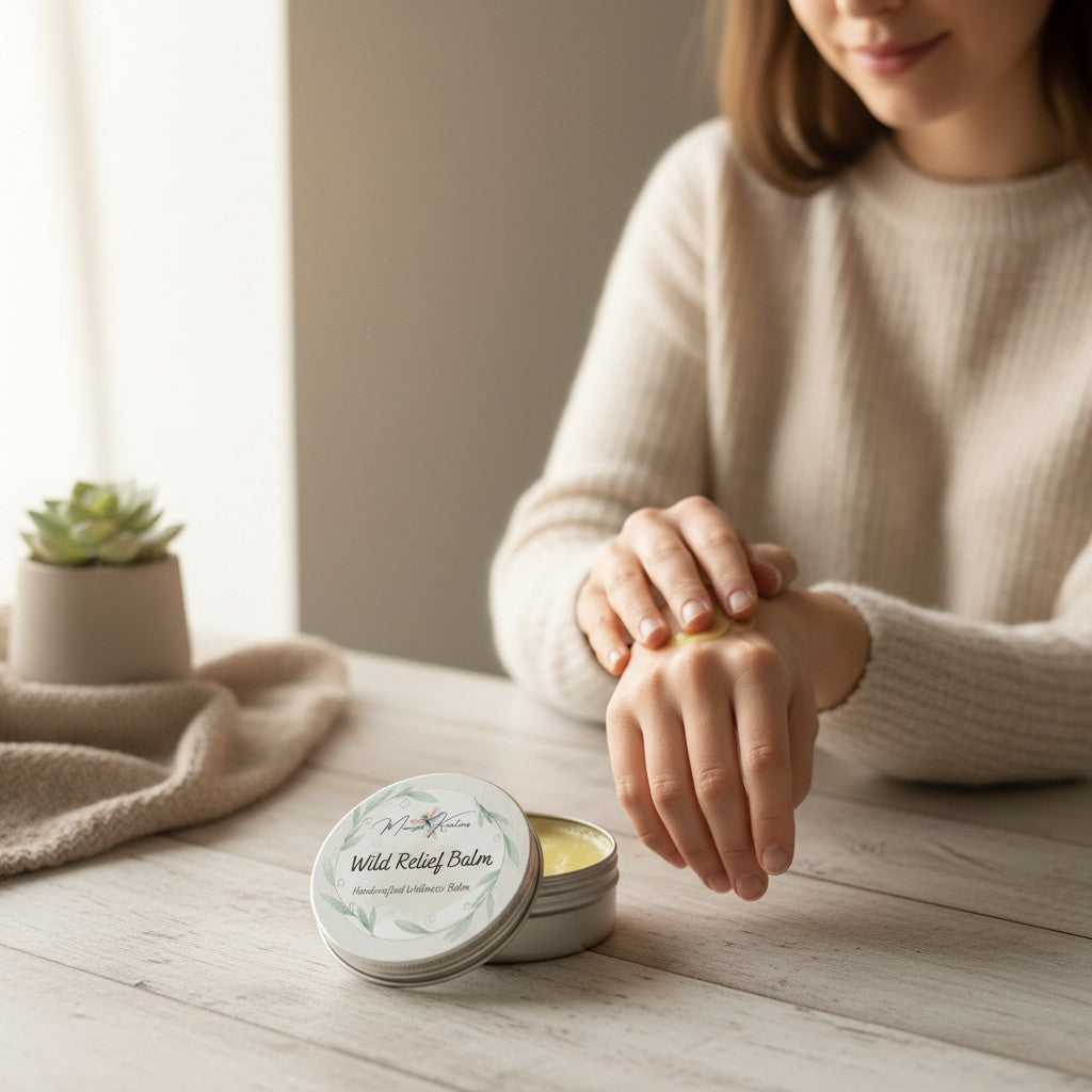 Monimar Kreations Muscle Pain Relief Balm in a tin, a yellow balm with menthol and camphor for comfort and relaxation.