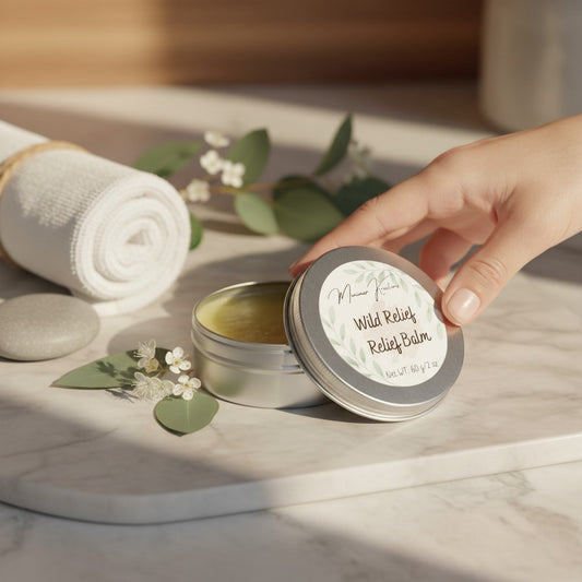 Monimar Kreations Muscle Pain Relief Balm in a tin, a yellow balm with a cooling sensation.