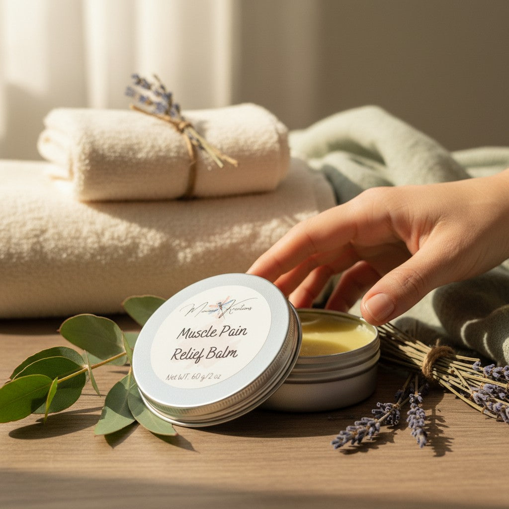 Monimar Kreations Muscle Pain Relief Balm in a tin, offering a warming and cooling sensation for muscle comfort.