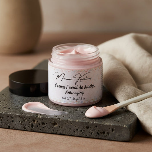 monimarkreations pink anti-aging night face cream in a glass jar with a black lid, 2 oz