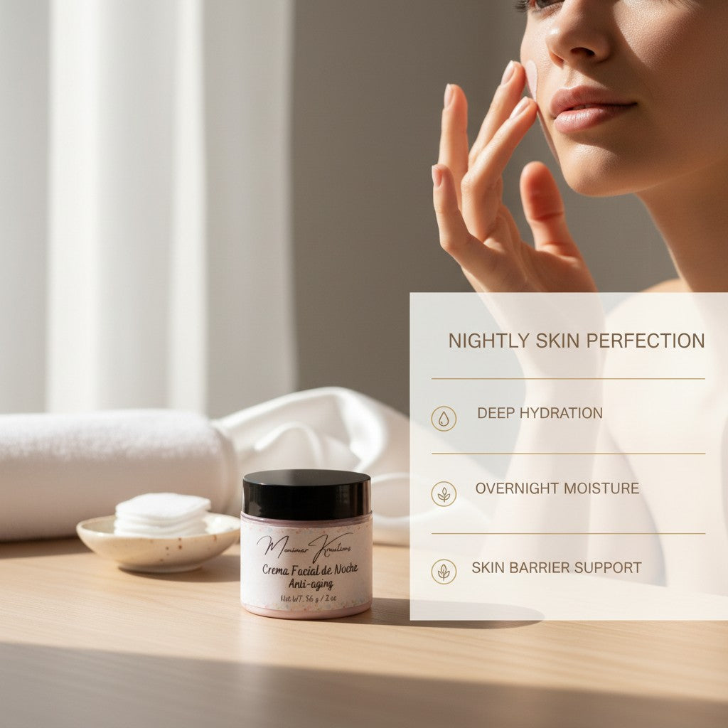 monimarkreations pink night moisturizing cream in a glass jar with a black lid, anti-aging formula