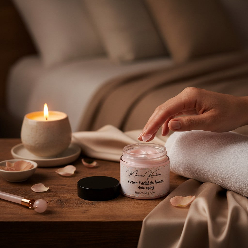 monimarkreations pink night moisturizing cream jar with black lid, anti-aging formula for deep overnight hydration.