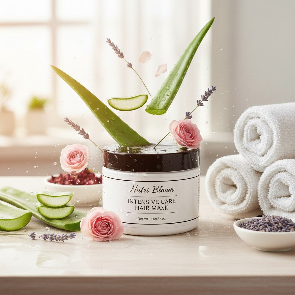 monimarkreations Nutri Bloom Intensive Care Hair Mask in a white jar with a black lid, surrounded by aloe vera, lavender, and rose petals.