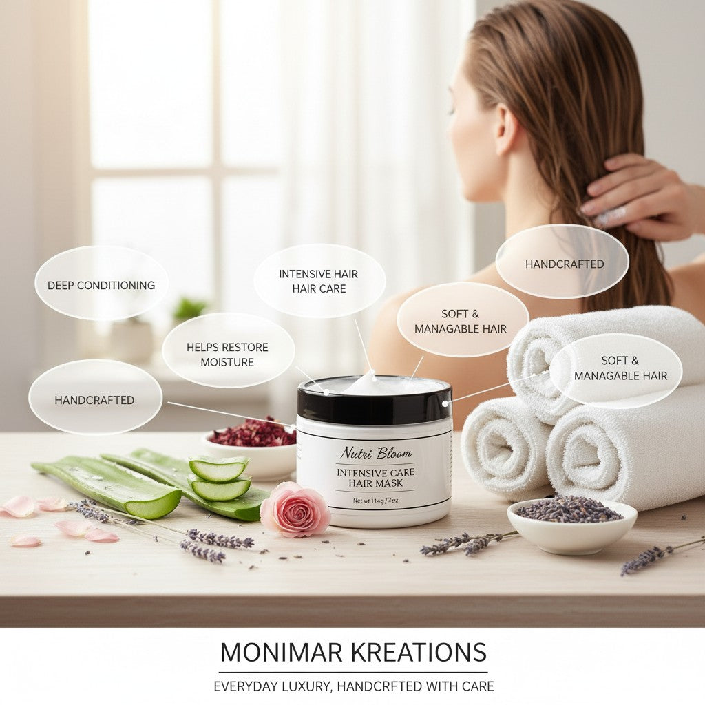 monimarkreations Nutri Bloom Intensive Care Hair Mask in a white jar with a black lid, surrounded by aloe vera, rose petals, lavender, and rolled towels.