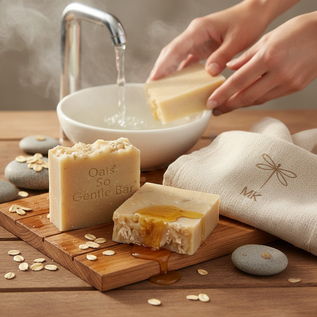 monimarkreations Oats So Gentle Bar, a handmade soap with visible oats and a creamy texture, ideal for sensitive skin.