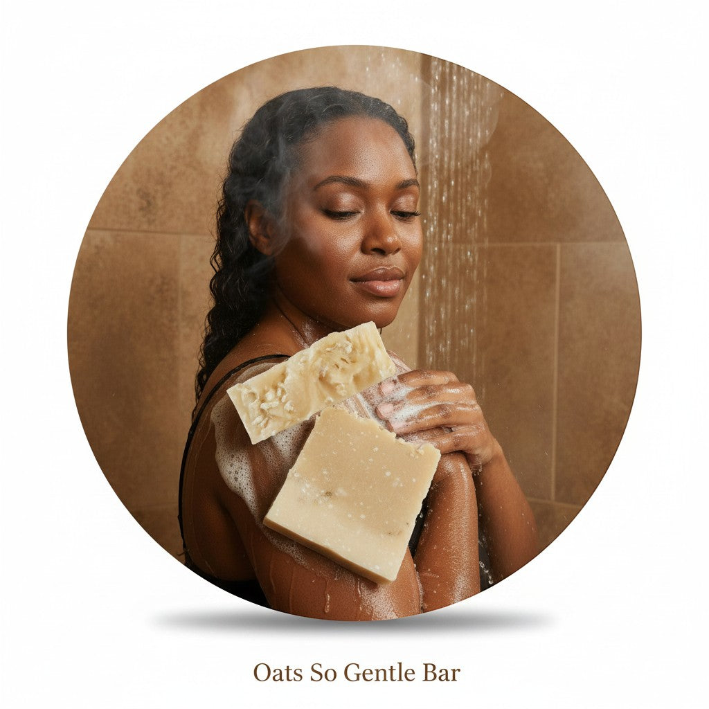 Monimar Kreations Oats So Gentle Bar, a creamy, beige bar soap with visible oats, held by a woman in the shower.