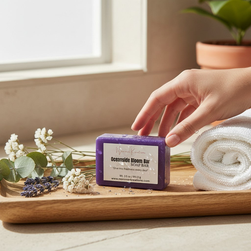 monimarkreations Oceanside Bloom Bar soap with sea salt and orchid scent. Gentle cleansing, rich lather, and hydrating.