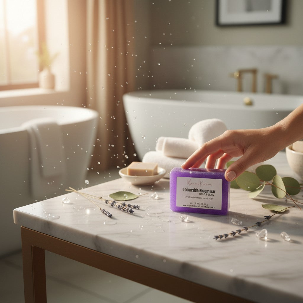 monimarkreations Oceanside Bloom Bar soap, purple with a shimmering finish, offering a gentle cleanse and rich lather.