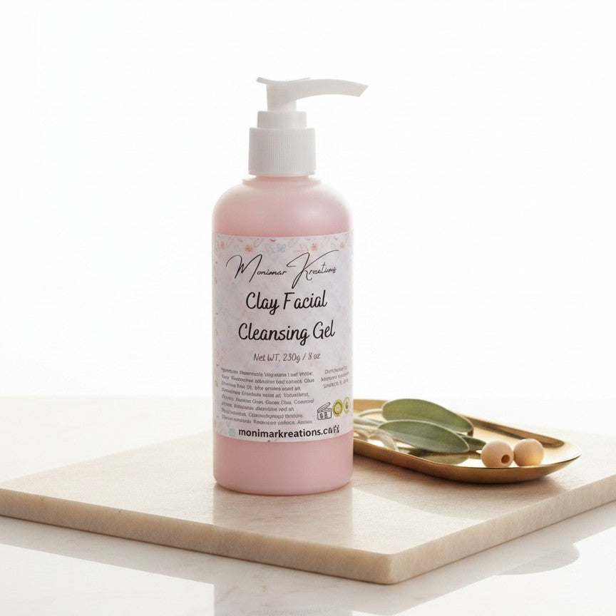 Monimar Kreations pink clay facial cleansing gel in a pump bottle, 8 oz.