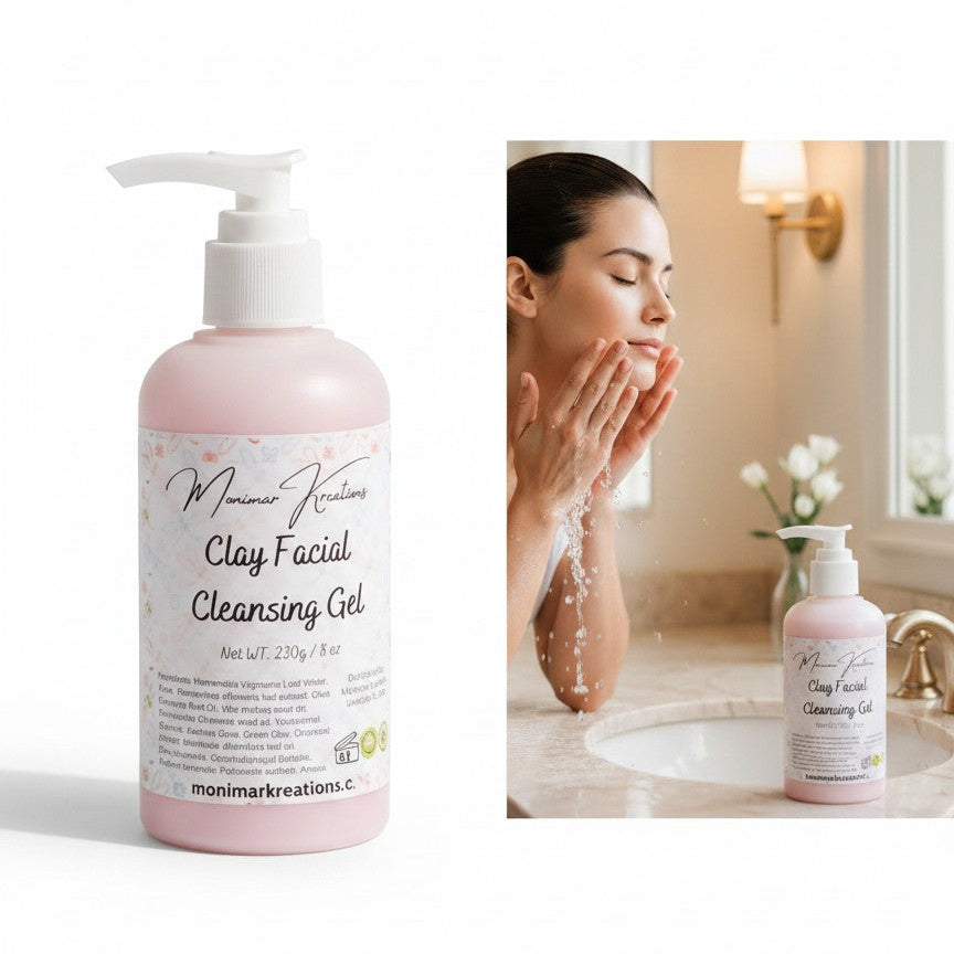 monimarkreations pink clay facial cleansing gel in a pump bottle, 8 oz