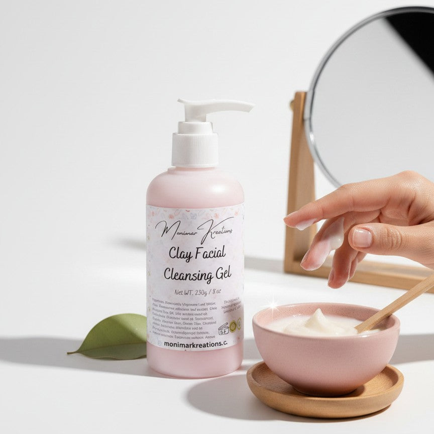 monimarkreations pink clay facial cleansing gel in a pump bottle, 8 oz