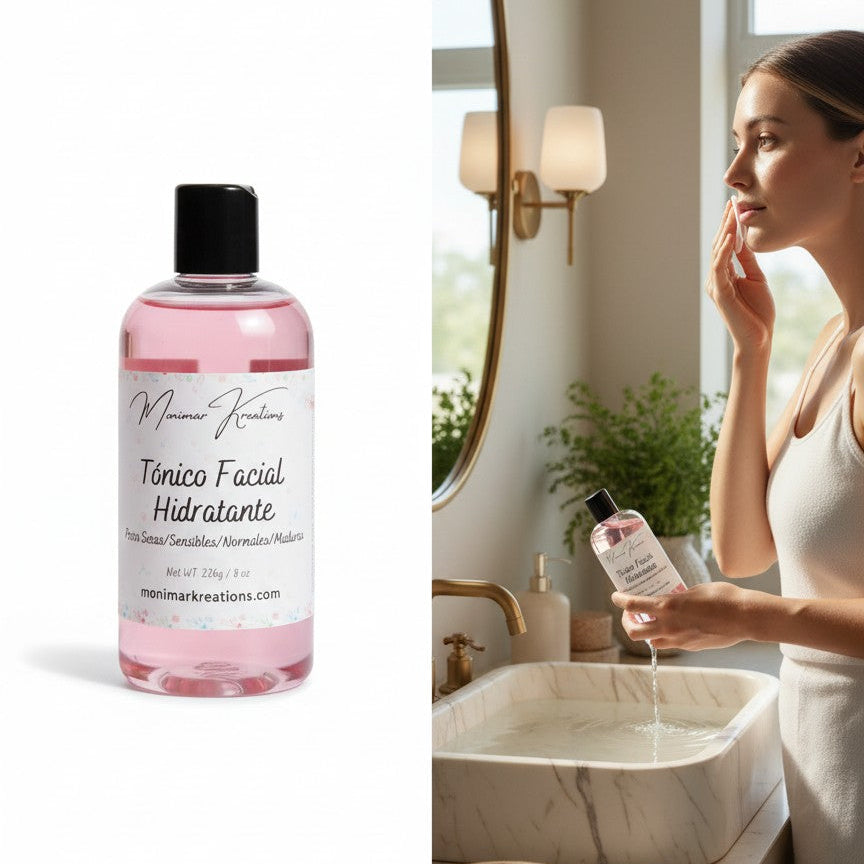 monimarkreations pink facial toner for dry, sensitive, and normal skin in an 8 oz bottle.