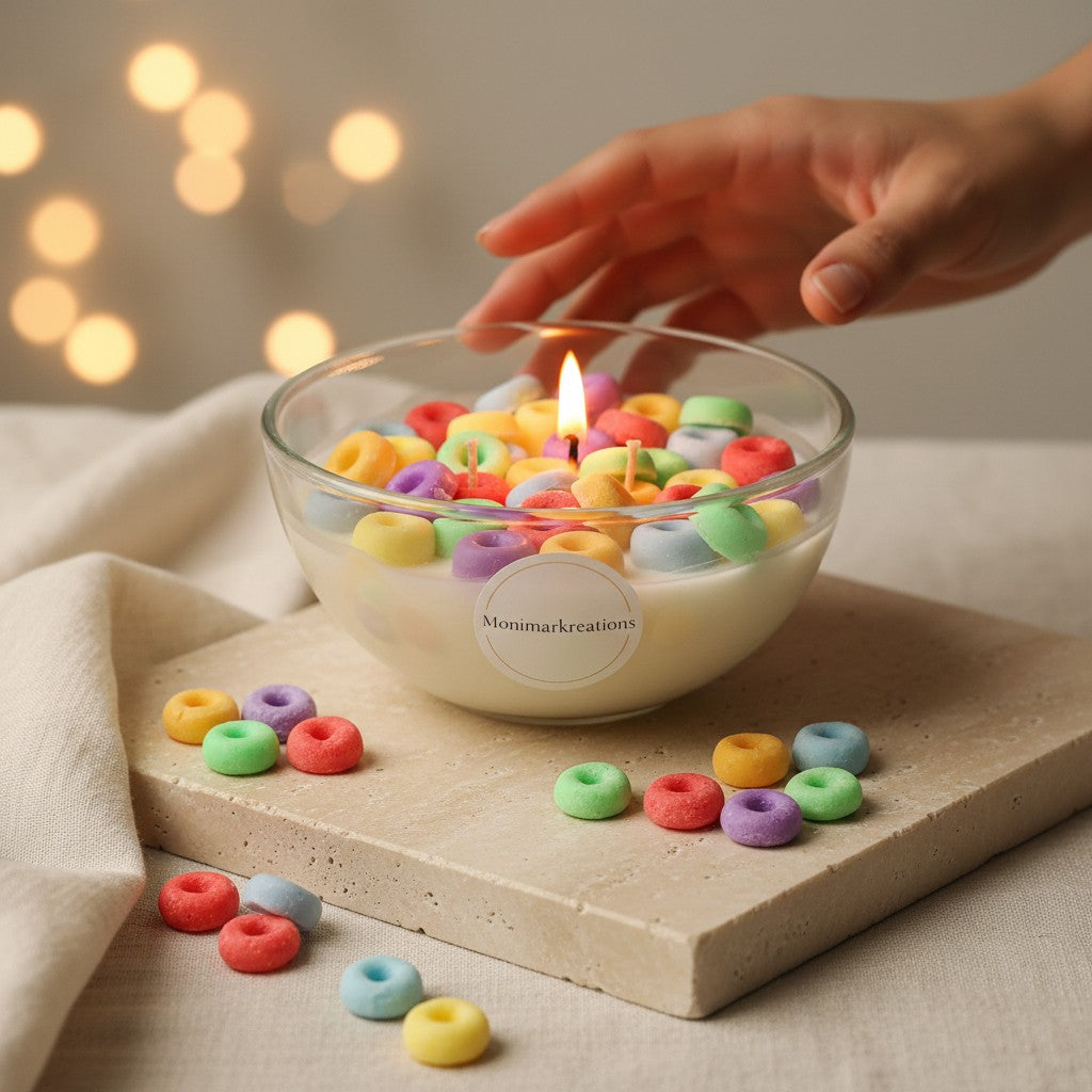monimarkreations Rainbow Breakfast candle in a glass bowl, shaped like colorful fruit loops cereal with white soy wax.