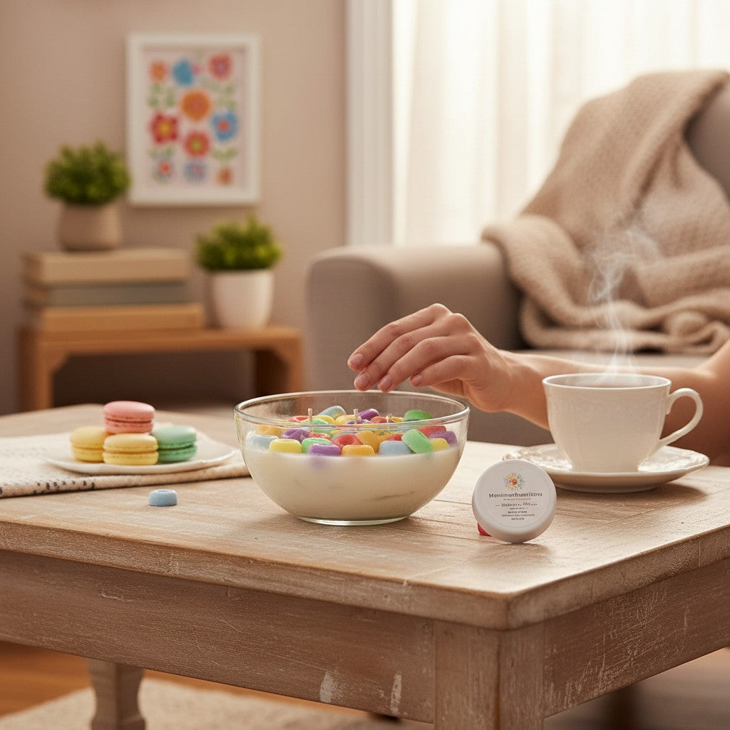monimarkreations Rainbow Breakfast candle in a glass bowl, shaped like colorful fruit loops cereal with white soy wax.
