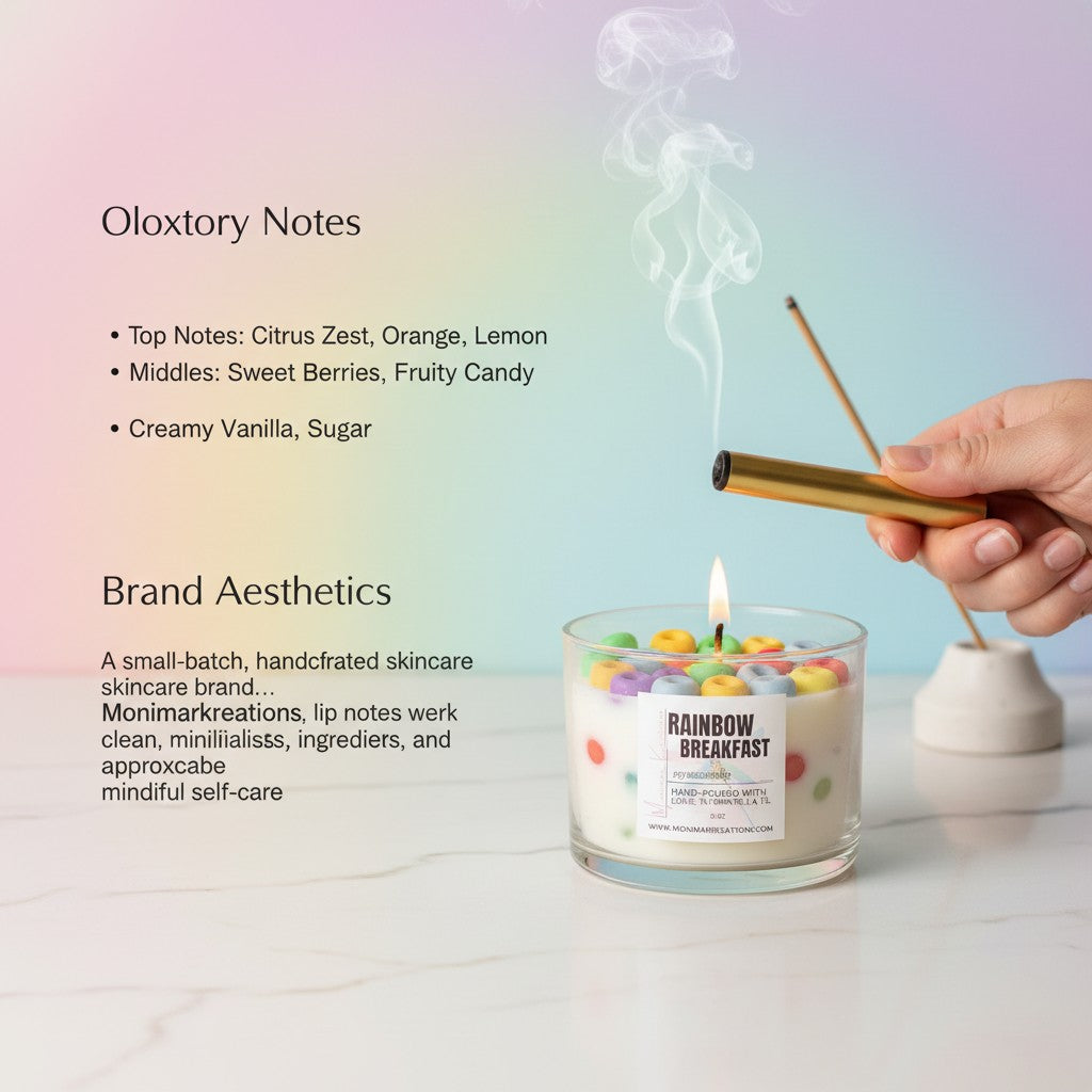 monimarkreations Rainbow Breakfast soy candle with colorful cereal pieces embedded in wax. 12 oz.
