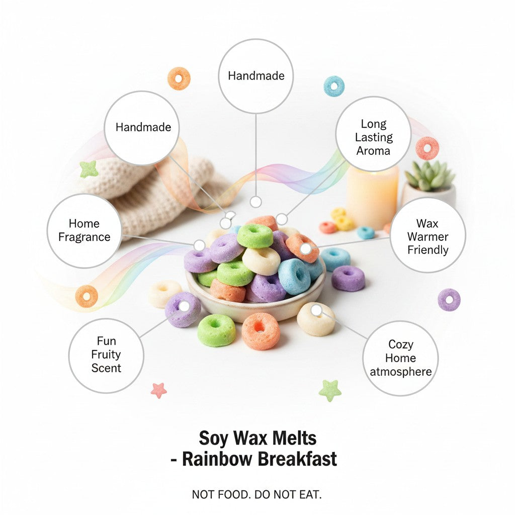 Monimar Kreations Rainbow Breakfast wax melts in colorful cereal shapes, made with soy wax.