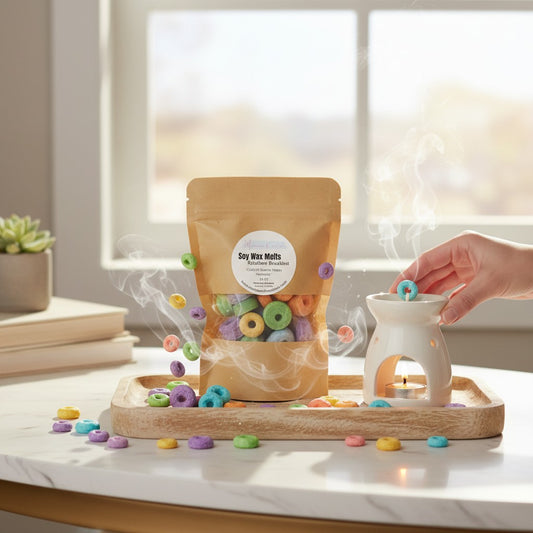 Monimar Kreations Rainbow Breakfast wax melts in fun cereal shapes, made with soy wax in pastel colors.