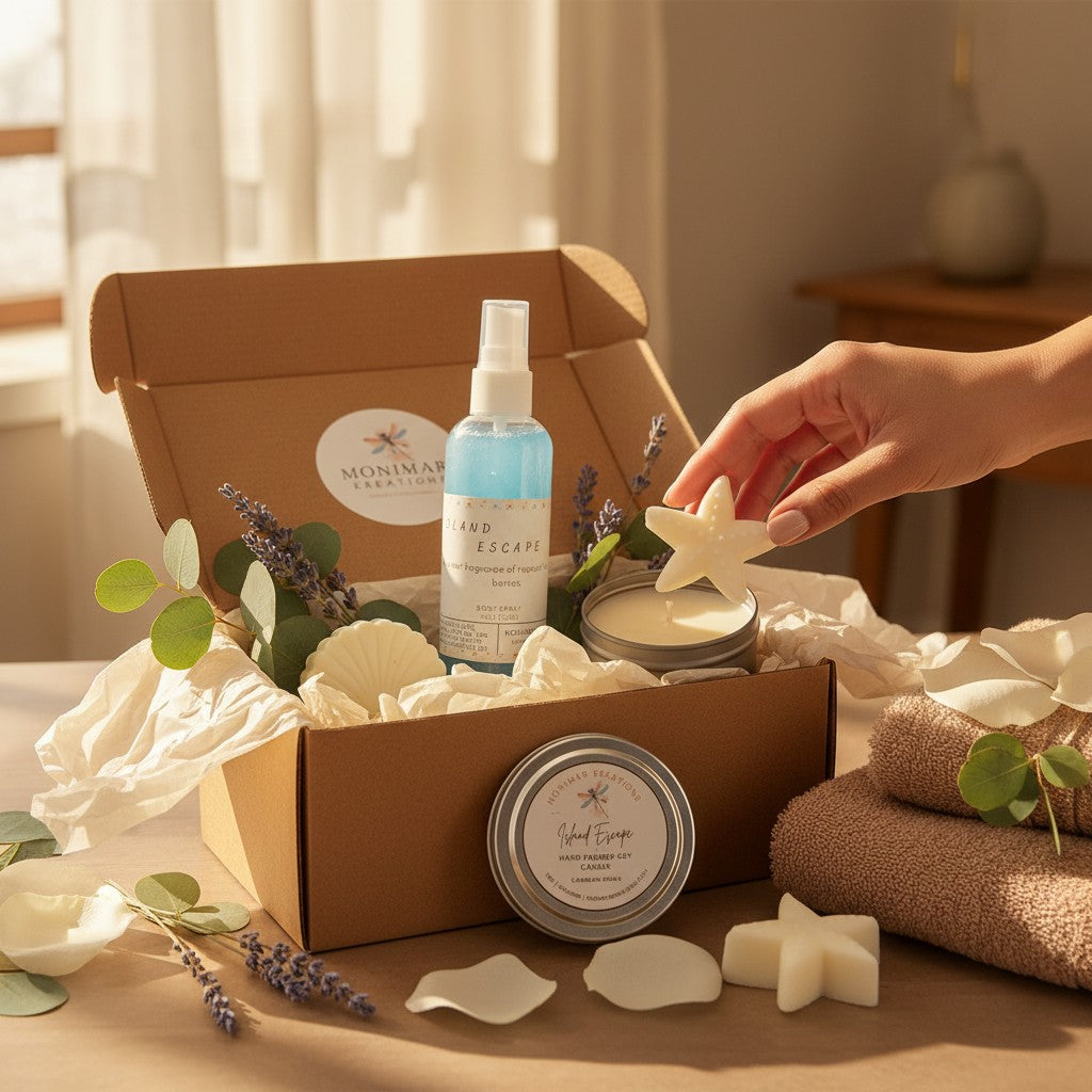 Monimar Kreations Self-Care Collection Spa Box with body spray, candle, and shaped soaps in white.