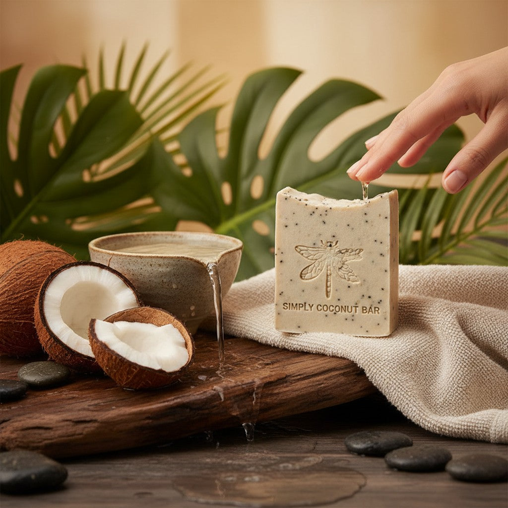 monimarkreations Simply Coconut Bar with poppy seeds and dragonfly imprint, creamy white with black specks.