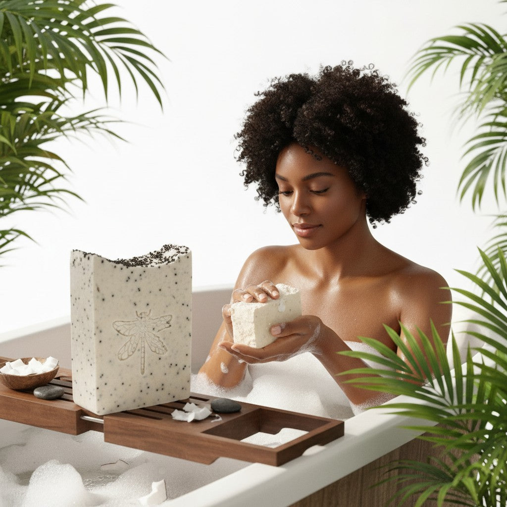 monimarkreations Simply Coconut Bar with poppy seeds and a dragonfly imprint, creamy white with black seeds.