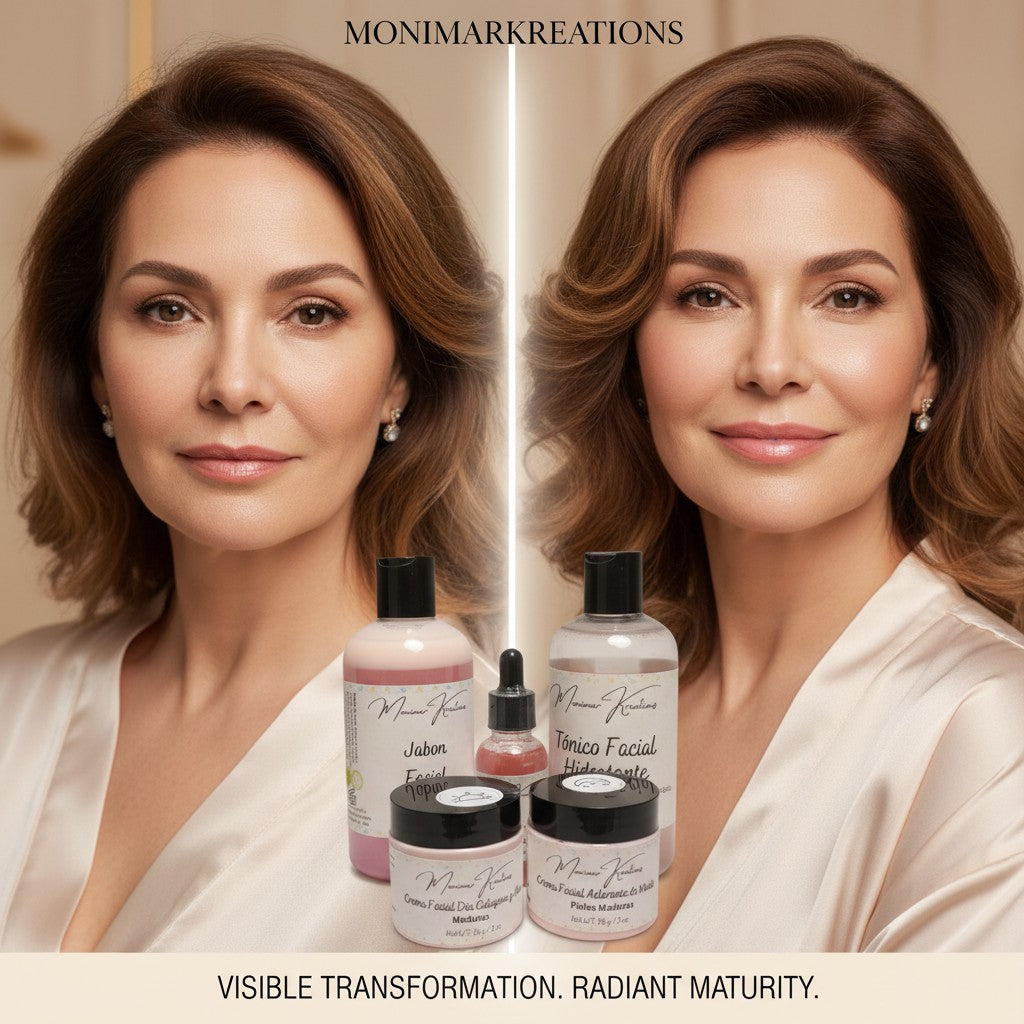 Monimar Kreations skincare bundle for mature skin, includes cleanser, toner, serum, day & night creams.