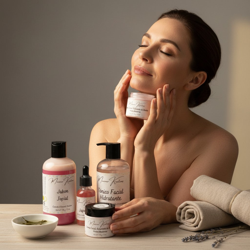 Monimar Kreations skincare bundle for mature skin, includes cleanser, toner, serum, day & night creams.