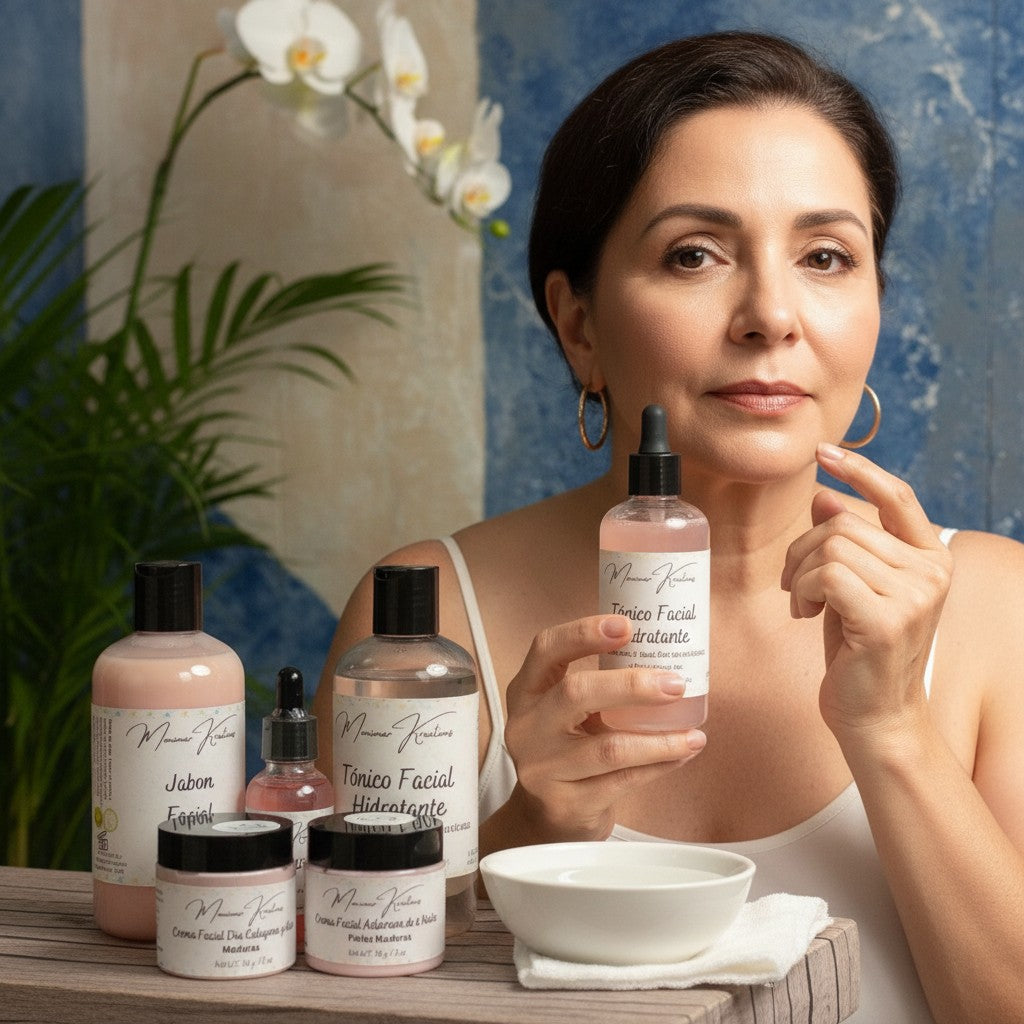 Monimar Kreations skincare bundle for mature skin, includes cleanser, toner, serum, day & night creams.
