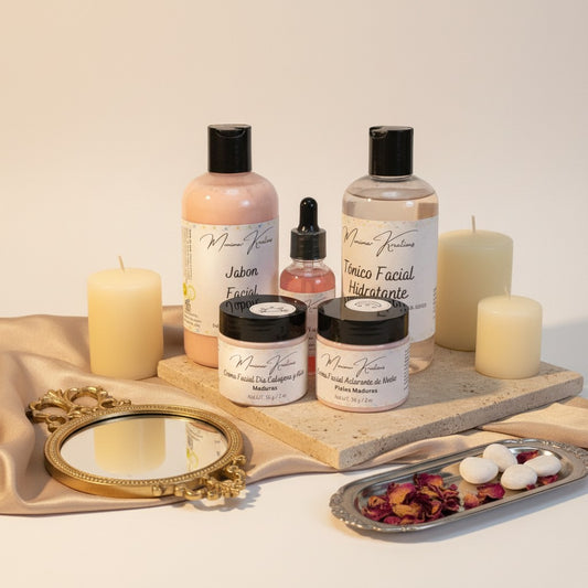 Monimar Kreations skincare bundle for mature skin, includes cleanser, toner, serum, day & night creams.