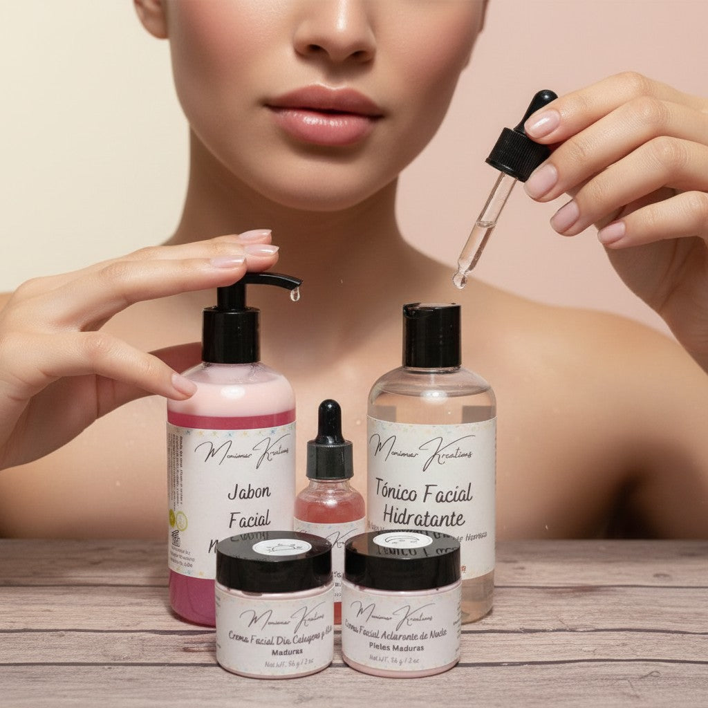 Monimar Kreations skincare bundle with cleanser, toner, serum, day cream, and night cream in pink and clear bottles and jars.
