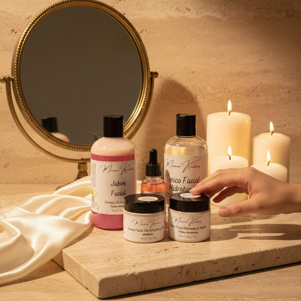 Monimar Kreations skincare bundle with cleanser, toner, serum, day cream, and night cream in pink and clear bottles and jars.