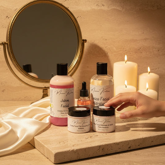 Monimar Kreations skincare bundle with cleanser, toner, serum, day cream, and night cream in pink and clear bottles and jars.