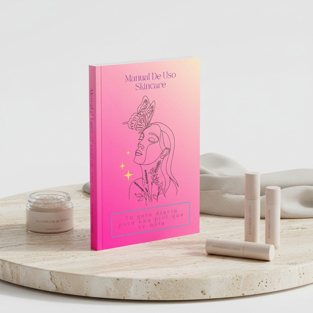 Monimar Kreations Skincare Usage Guide digital download with line art of a woman, butterfly, and botanical elements.