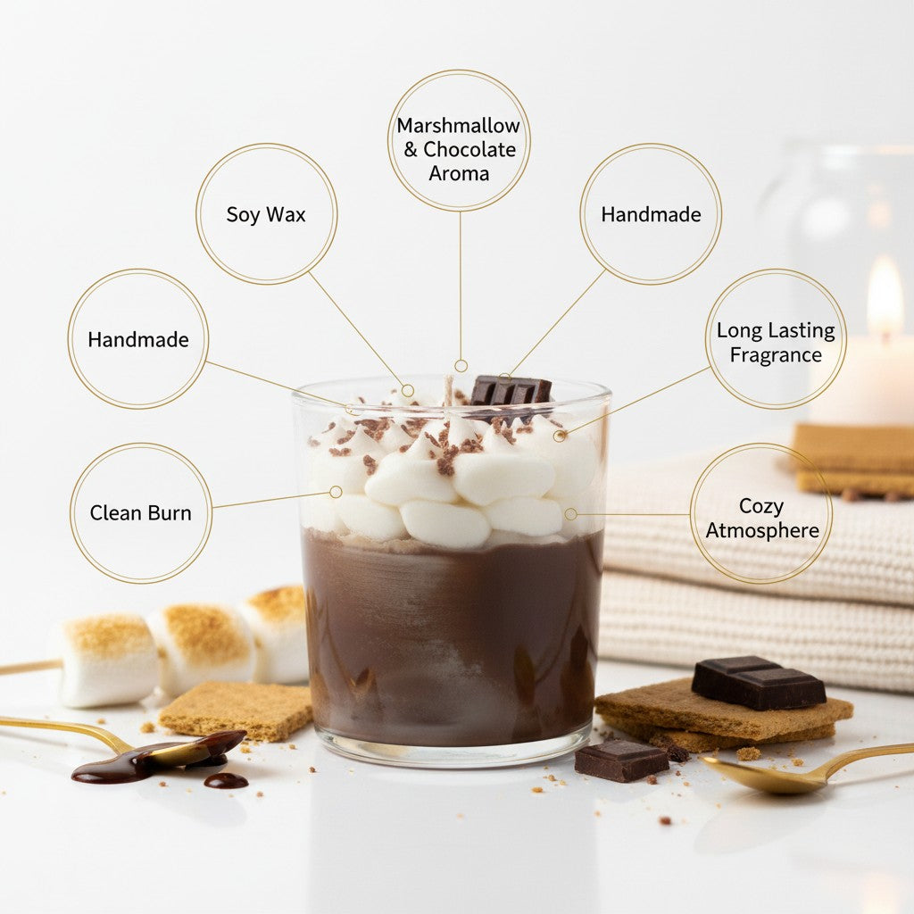 Monimar Kreations S'more Dream soy candle with whipped topping and chocolate wax accents.