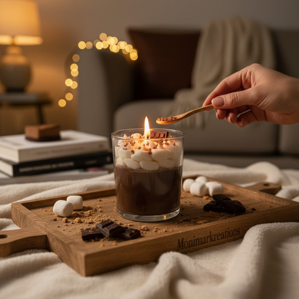 Monimar Kreations S'more Dream soy candle with whipped topping and chocolate wax accents.