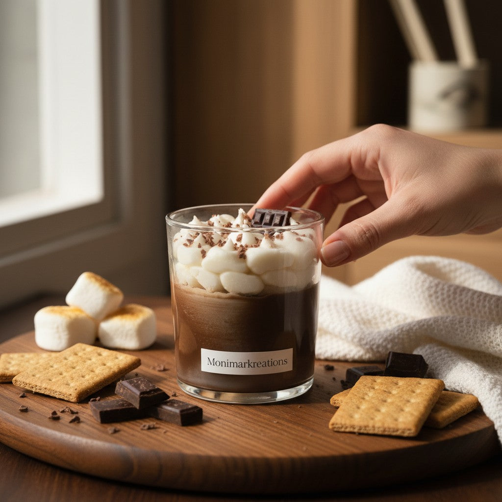 Monimar Kreations S'more Dream soy candle with whipped topping and chocolate wax accents.