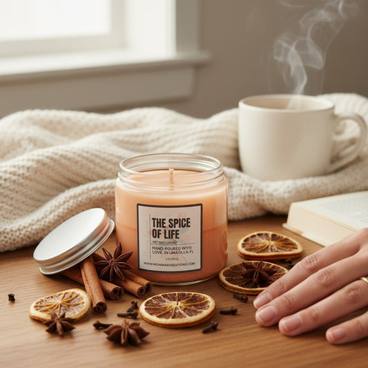 Monimar Kreations The Spice of Life soy wax candle in a glass jar with a silver lid. Orange candle with cinnamon and spice scent.