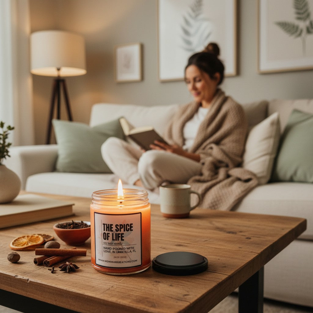 monimarkreations The Spice of Life soy wax candle in a glass jar with a black lid. Orange candle with warm cinnamon and spice scent.