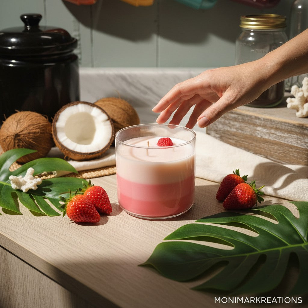 monimarkreations Strawberry Colada layered pink soy candle with strawberry wax topper