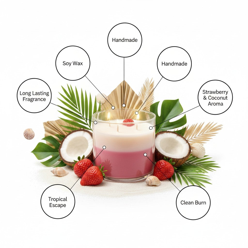 monimarkreations Strawberry Colada layered pink soy candle with strawberry wax topper