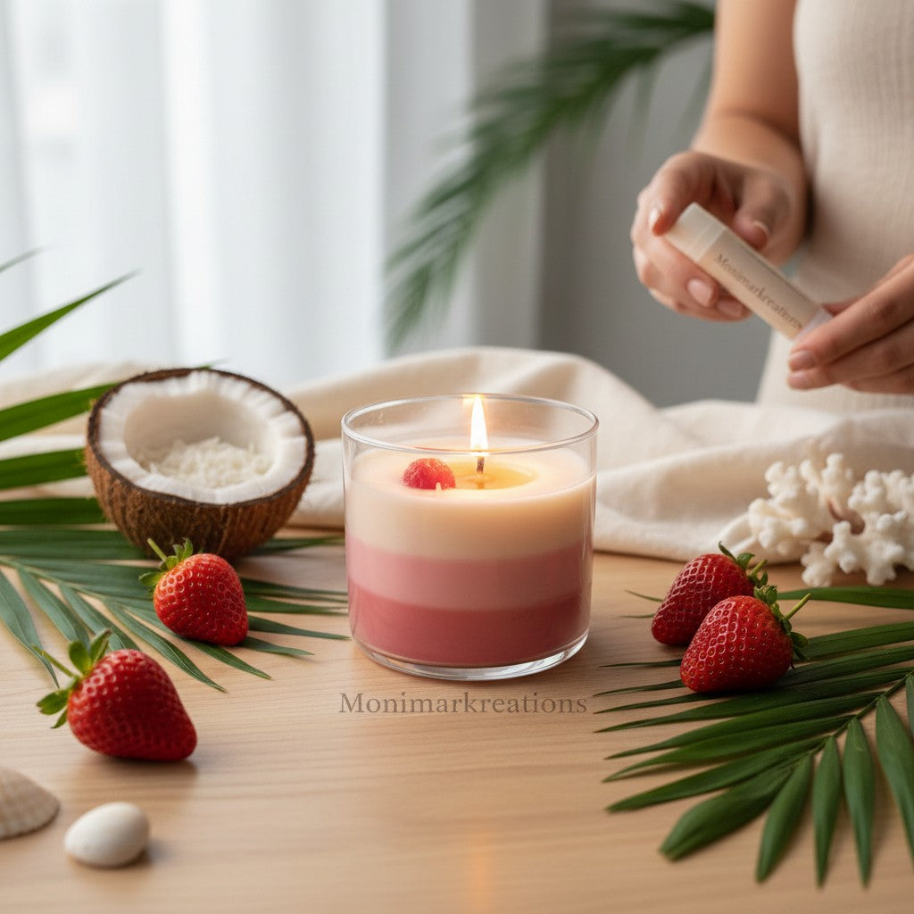 monimarkreations Strawberry Colada layered pink soy candle with strawberry wax topper