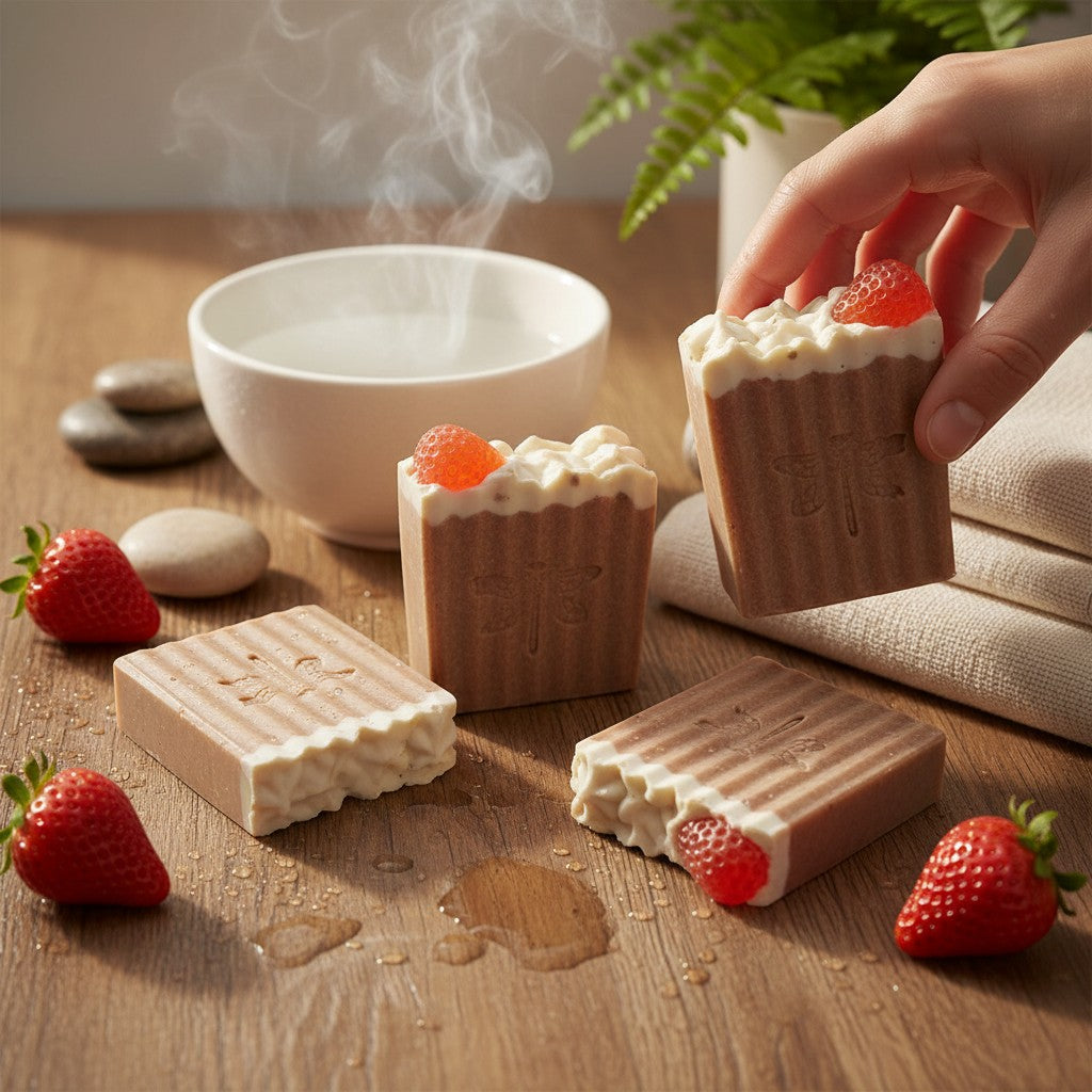 monimarkreations Strawberries Delight Bar soap with creamy white top, strawberry accent, and ribbed sides with dragonfly imprint.