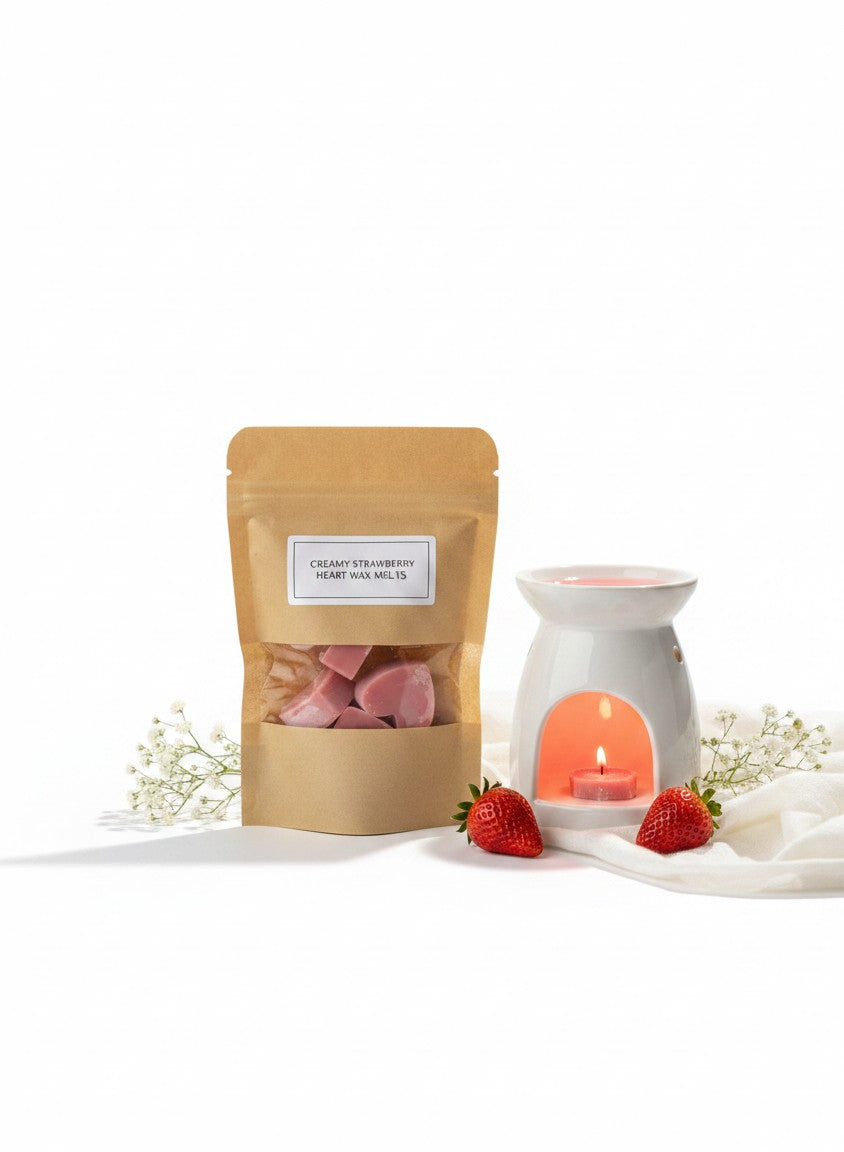 monimarkreations pink creamy strawberry heart-shaped soy wax melts in a kraft pouch with a clear window