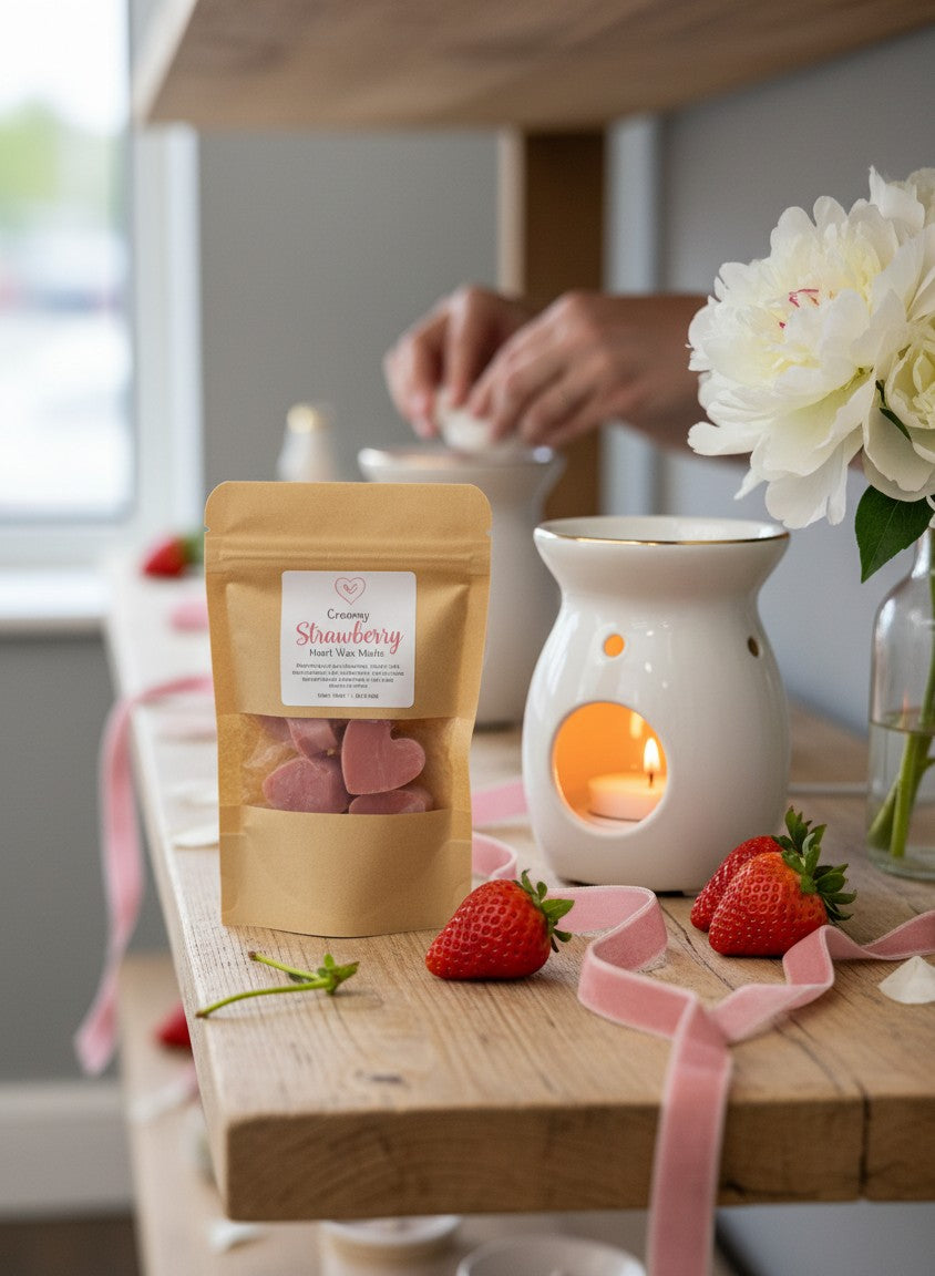 monimarkreations Creamy Strawberry Heart Wax Melts in a kraft pouch with a clear window showing pink heart-shaped soy wax melts.