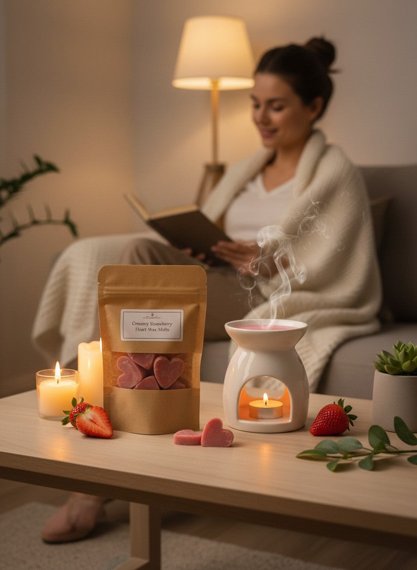 monimarkreations pink heart-shaped soy wax melts with creamy strawberry vanilla scent