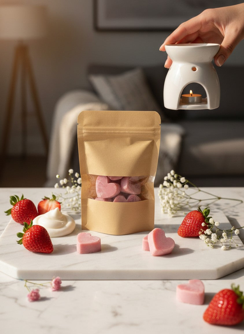 monimarkreations Creamy Strawberry Heart Wax Melts in a brown pouch with a clear window showing pink heart-shaped soy wax melts.