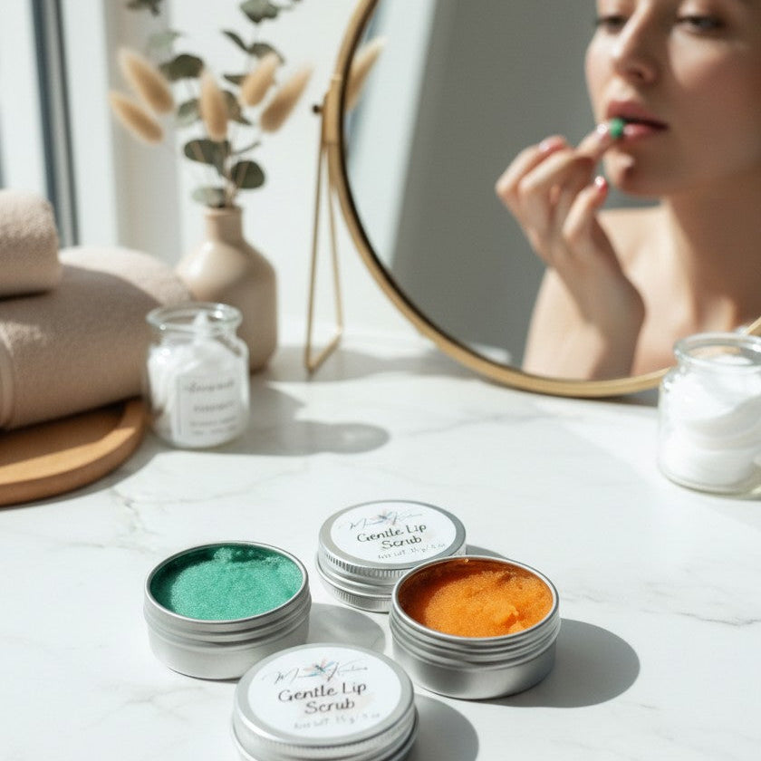 Monimar Kreations Sugar Pop Lip Scrub in teal and orange, made with sugar, rice, shea butter, and vitamin E.